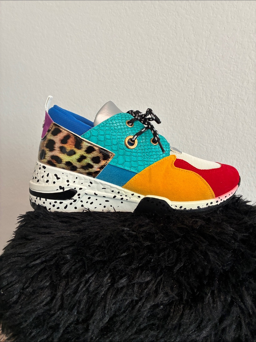 Multicolor Women's Athletic Sneakers - Red, Yellow, Teal & Leopard Accent
